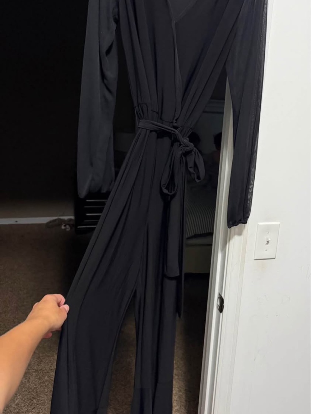 Cato Black Long-Sleeve Wrap Jumpsuit with Tie Waist